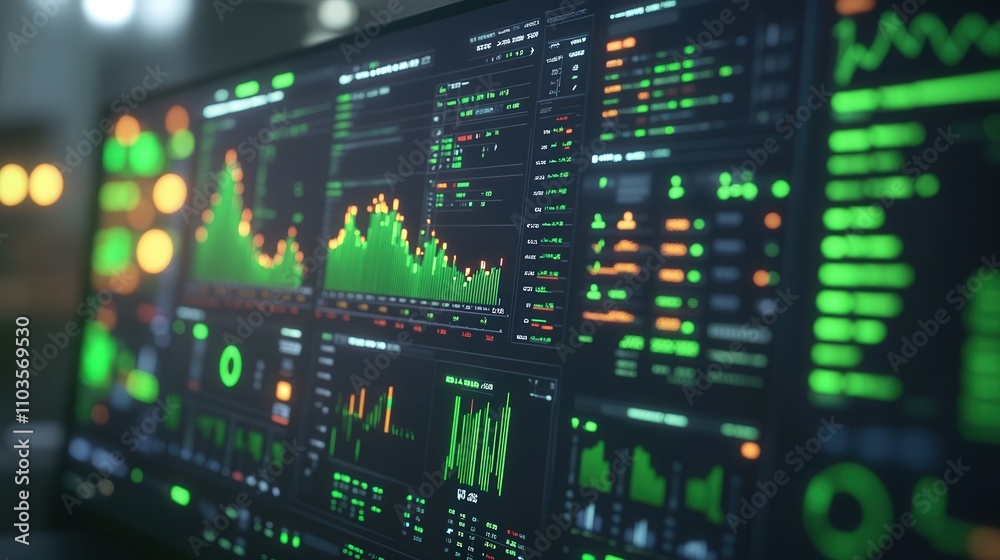 A computer screen displays an intricate financial dashboard, filled with stock prices, economic indicators, and market trends. A computer screen displays an intricate financial dashboard, filled with stock prices, economic indicators, and market trends.