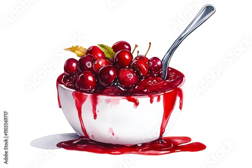 Bowl of cherry jam with fresh cherries, white isolate background. photo