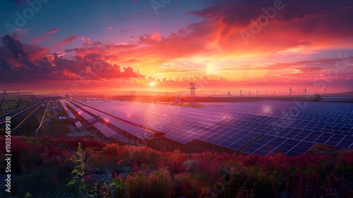 Panoramic View of Futuristic Solar Energy Facility at Sunset photo