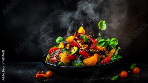 Colorful vegetables in a steaming bowl, vibrant and fresh, on a dark background.