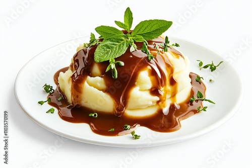 Creamy mashed potatoes drizzled with rich gravy and garnished with fresh herbs. photo