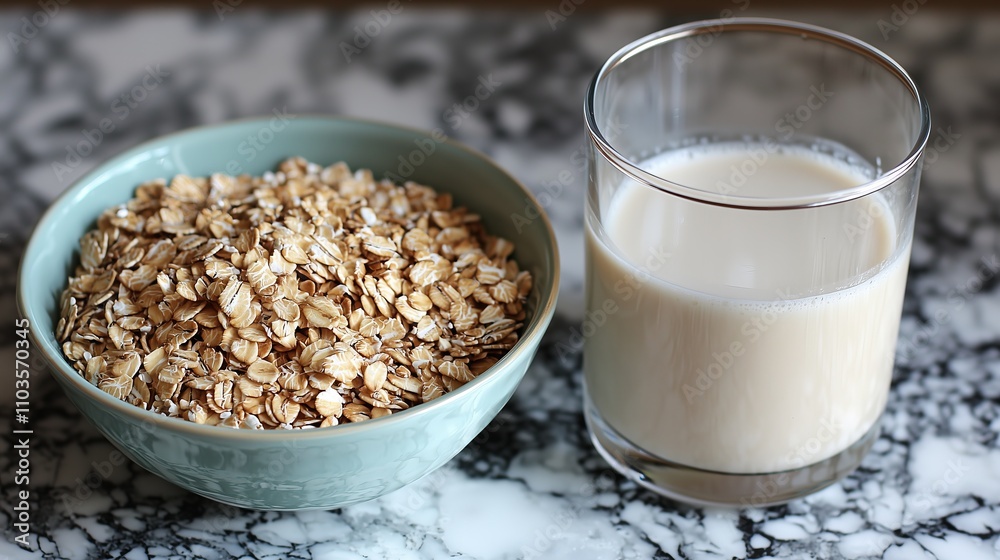 Preparing a nutritious breakfast with oats and plant-based milk on a marble countertop Preparing a nutritious breakfast with oats and plant-based milk on a marble countertop