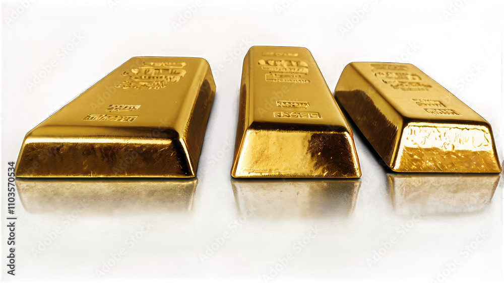 Three gleaming gold bars arranged in a row, reflecting light on a metallic surface transparent background Three gleaming gold bars arranged in a row, reflecting light on a metallic surface transparent background
