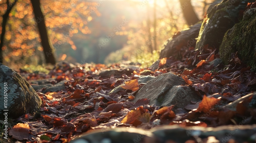Obraz premium Sunlight Shines on a Path Covered with Leaves and Rocks in Autumn Nature