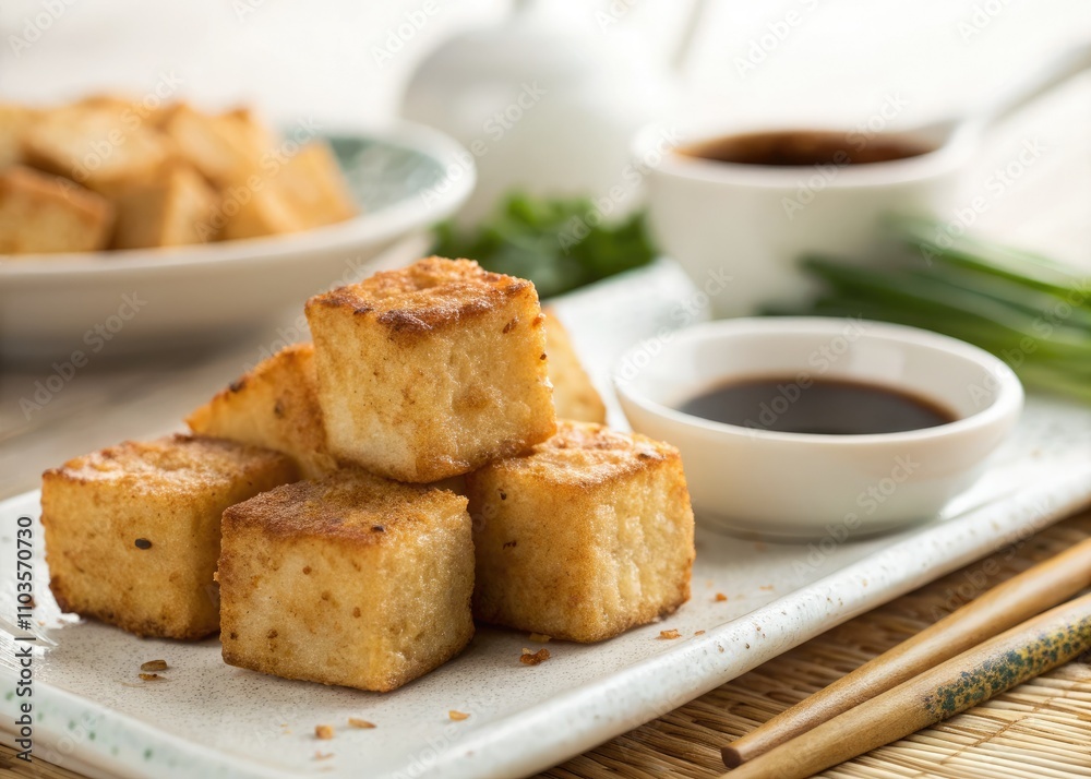 Close-Up Minimalist Photography of Fried Tofu Pieces with Selective Focus, Highlighting Texture and Color in a Culinary Setting Close-Up Minimalist Photography of Fried Tofu Pieces with Selective Focus, Highlighting Texture and Color in a Culinary Setting