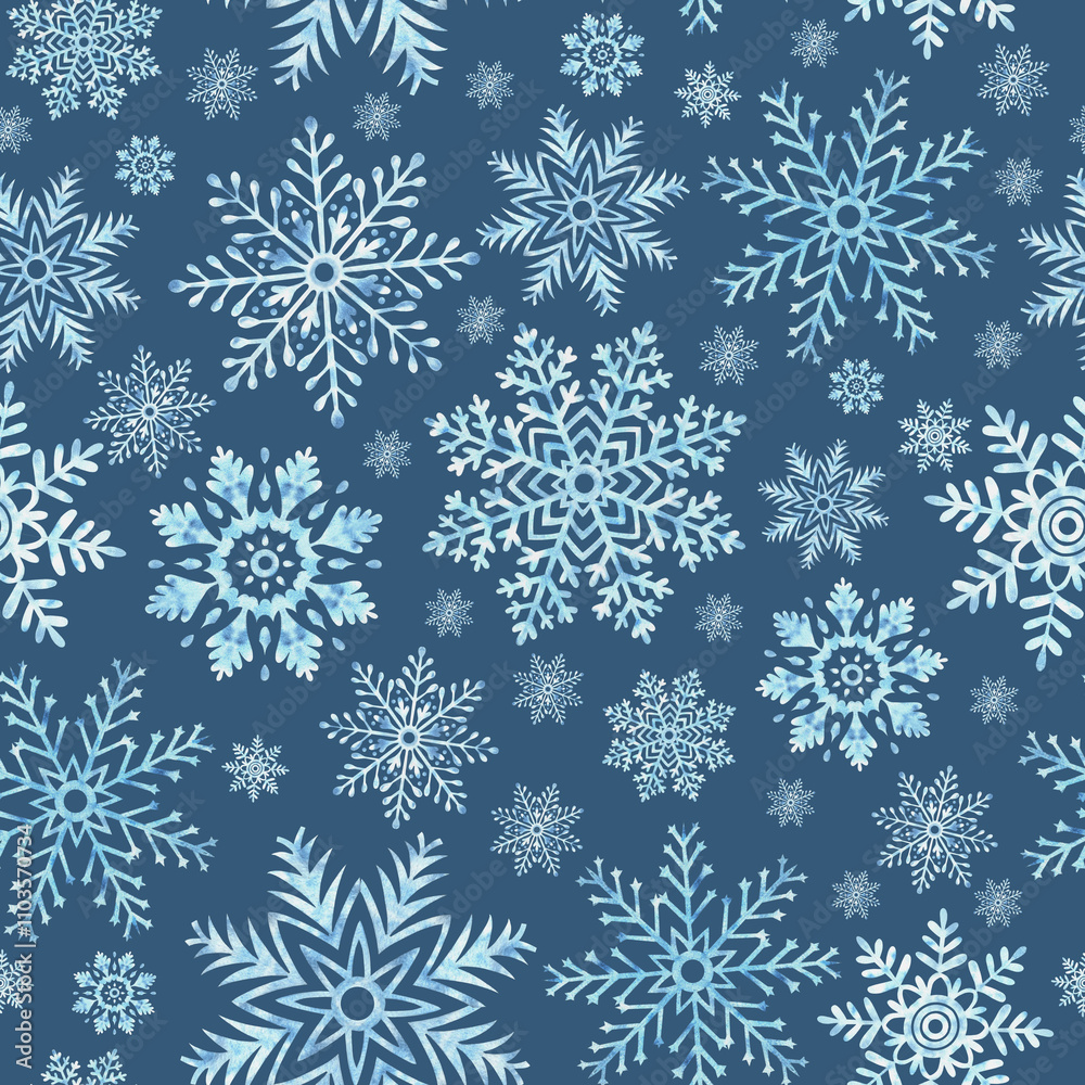 Snowflakes seamless pattern. Hand drawn watercolor illustration. Ice stars on dark blue background for Christmas or New Year. Winter holiday snowing backdrop. Template for wallpaper, wrapping, fabric. Snowflakes seamless pattern. Hand drawn watercolor illustration. Ice stars on dark blue background for Christmas or New Year. Winter holiday snowing backdrop. Template for wallpaper, wrapping, fabric.