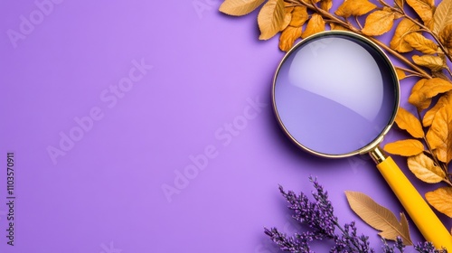 A vibrant purple background features a magnifying glass surrounded by autumn leaves and lavender, creating a cozy and curious atmosphere.