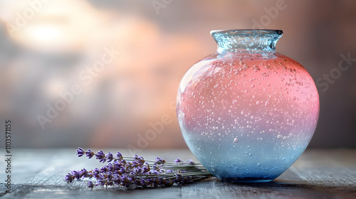 An Exquisite Close-Up of a Pastel Handblown Glass Vase, Capturing the Essence of Rustic Elegance and Timeless Craftsmanship photo