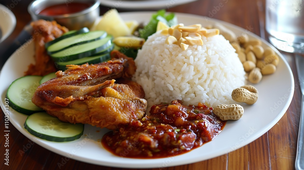 a delightful malaysian plate with fragrant rice, crispy fried chicken, fresh cucumber slices, peanuts, sambal chili, and a boiled egg served for a feast a delightful malaysian plate with fragrant rice, crispy fried chicken, fresh cucumber slices, peanuts, sambal chili, and a boiled egg served for a feast