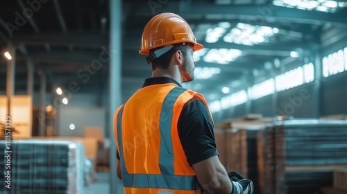 hard hat, safety vest, and gloves, lifting heavy materials at a building site, ensuring safety while working on a large structure.