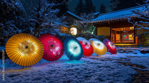 Traditional Japanese Paper Umbrellas (Wagasa) in Snow | Winter Night Garden Illumination with Colorful Japanese Parasols | Artistic Oriental Light Installation | Traditional Japanese Cultural Photogra photo