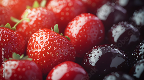 Delightful Close-up of Lush Strawberries and Dark Cherries Capturing Natural Light in a Beautifully Realistic Setting for a Commercial Poster