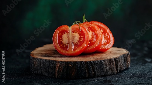 Fresh sliced tomatoes on a wooden surface with dark background. photo