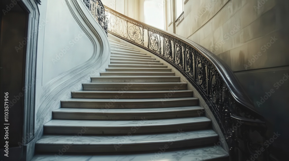 Fototapeta premium A curved staircase with marble steps in a classical mansion, featuring elegant metal railings.