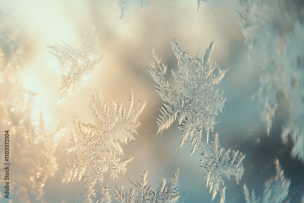 Close-up of frosted window glass with intricate icy patterns glowing softly under gentle winter sunlight Close-up of frosted window glass with intricate icy patterns glowing softly under gentle winter sunlight