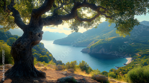 Experience the Enchanting Beauty of an Ancient Taggiasca Olive Tree and Its Surroundings on the Scenic Ligurian Coast of Italy photo