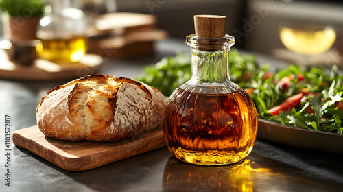 A Cozy Mediterranean Kitchen Scene Featuring Arbequina Olive Oil and Artisanal Bread Perfect for Dipping and Dressing Salads photo