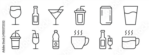 set of drink thin line icon. containing coffee, water, bottle, wine, tea, glass, beverage collections. vector illustration