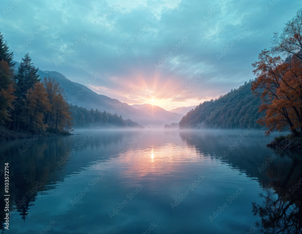 a calm lake surrounded by autumn trees and mountains at sunrise a calm lake surrounded by autumn trees and mountains at sunrise