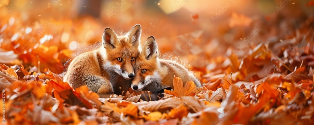 Whimsical Fox Pups Playing Among Autumn Leaves. Whimsical Fox Pups Playing Among Autumn Leaves.