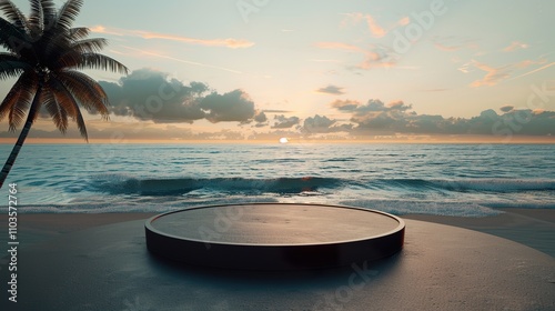 Minimalist Shoreline Display Platform: Sunset, Palm Trees, and Ocean Waves photo