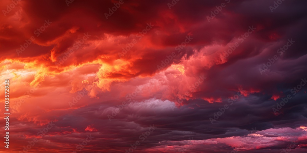 A dramatic sky filled with vibrant hues of red and orange, contrasted by dark, swirling clouds, creating a breathtaking atmospheric display. A dramatic sky filled with vibrant hues of red and orange, contrasted by dark, swirling clouds, creating a breathtaking atmospheric display.