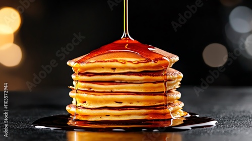 Stack of delicious pancakes drizzled with syrup on a dark background. photo