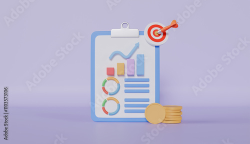 3D Goal achievements, planning schedule, Checklist on a clipboard with target, reports business and financial data analytics concept