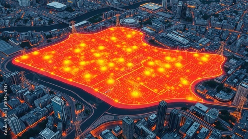 Cityscape Heatmap: A mesmerizing aerial view of a bustling city at night, where vibrant red heatmap data overlays the urban landscape, highlighting areas of intense activity.