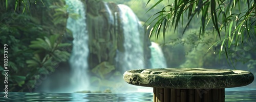 Empty short bamboo pedestal against a serene waterfall. 4K close-up illustration.