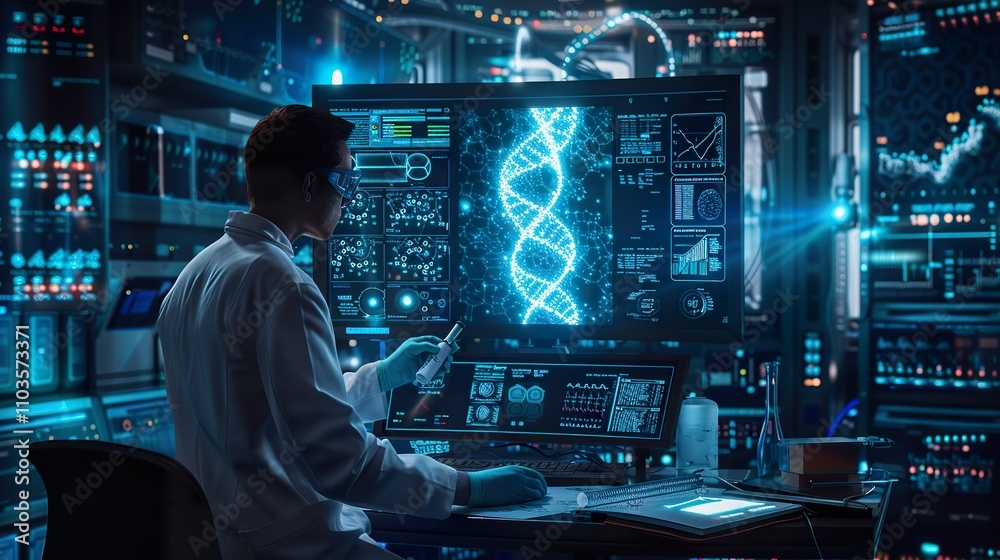 Futuristic DNA Sequencing: A Scientist Deciphering Genetic Code with Holographic Displays Futuristic DNA Sequencing: A Scientist Deciphering Genetic Code with Holographic Displays