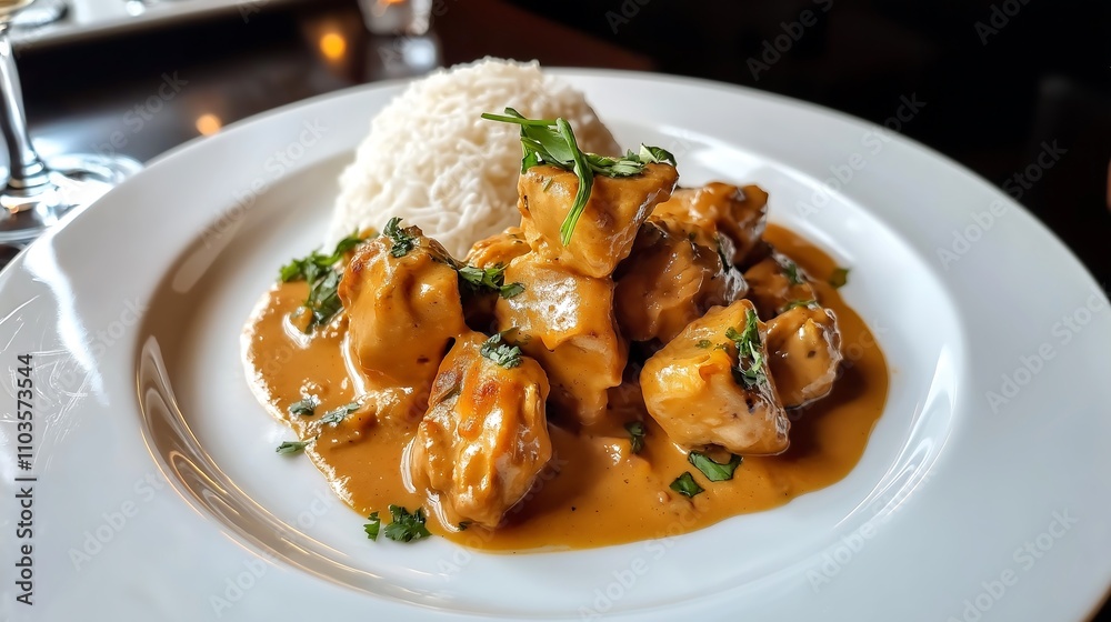 A delicious plate featuring tender chicken in a rich sauce, served with fluffy white rice and garnished with green herbs. A delicious plate featuring tender chicken in a rich sauce, served with fluffy white rice and garnished with green herbs.