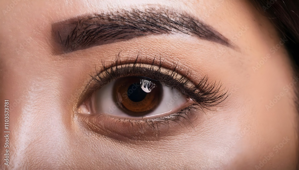 Obraz premium Beautiful Asian woman’s dark brown eye with makeup close-up