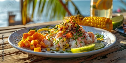 Plate of tender Peruvian ceviche with sweet potatoes and corn on a coastal table, 4K hyperrealistic photo.