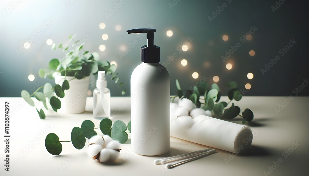 A white bottle with a sleek black pump, placed alongside cotton pads and green plants on a light-colored surface, with soft lighting to create a serene mood A white bottle with a sleek black pump, placed alongside cotton pads and green plants on a light-colored surface, with soft lighting to create a serene mood