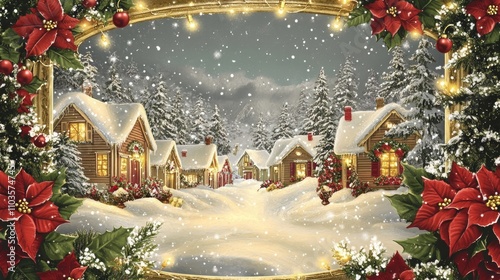 Cozy Victorian style winter scene with snowy cottage surrounded by snowy forest. Vintage style holiday card design