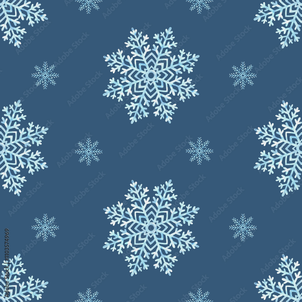 Snowflakes seamless pattern. Hand drawn watercolor illustration. Ice stars on dark blue background for Christmas or New Year. Winter holiday snowing backdrop. Template for wallpaper, wrapping, fabric. Snowflakes seamless pattern. Hand drawn watercolor illustration. Ice stars on dark blue background for Christmas or New Year. Winter holiday snowing backdrop. Template for wallpaper, wrapping, fabric.