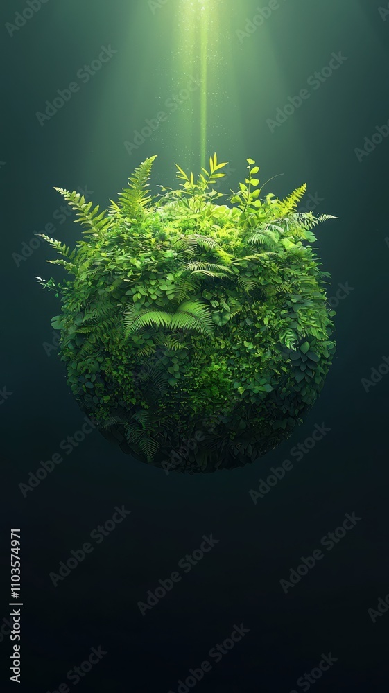 A vibrant green sphere of ferns and plants, illuminated by soft light, creates an enchanting, serene atmosphere in a dark background. A vibrant green sphere of ferns and plants, illuminated by soft light, creates an enchanting, serene atmosphere in a dark background.