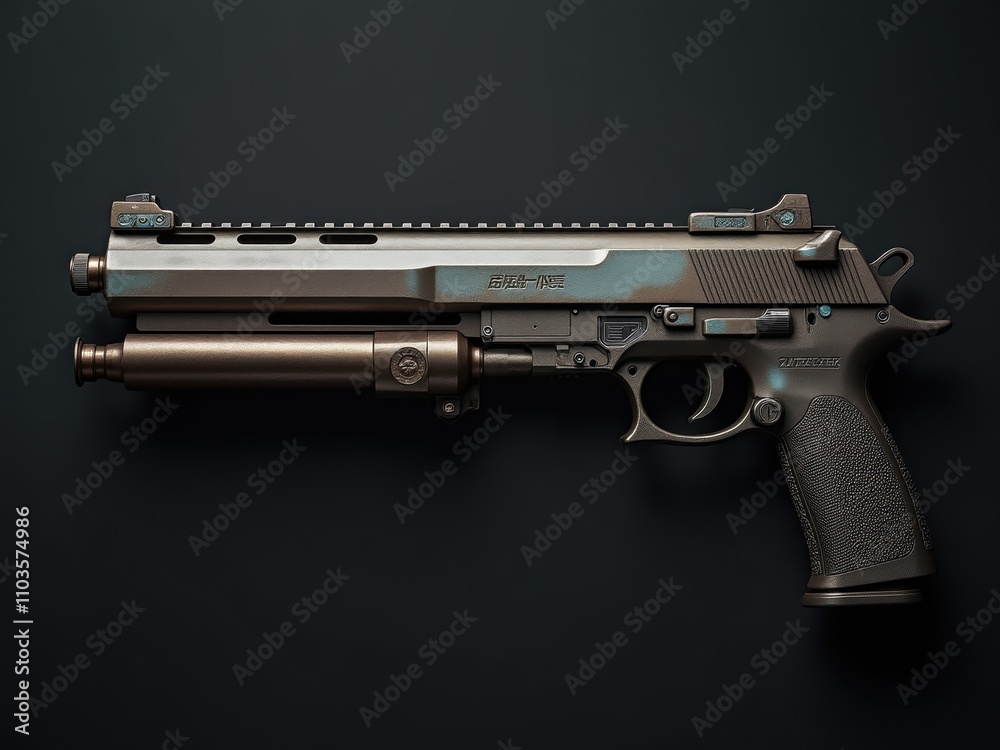 Detailed View of a Tactical Firearm Resting on a Dark Surface, Showcasing Its Design and Features Detailed View of a Tactical Firearm Resting on a Dark Surface, Showcasing Its Design and Features