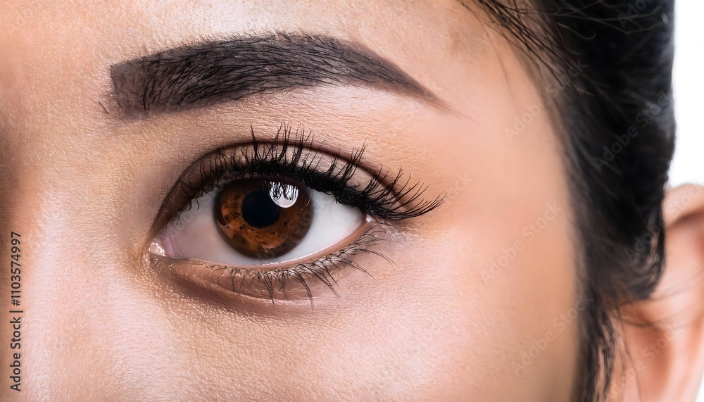 Obraz premium Beautiful Asian woman’s dark brown eye with makeup close-up