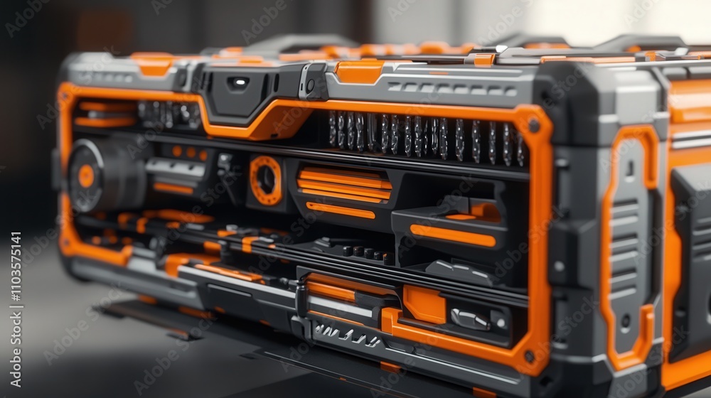A high-tech, rugged toolbox designed for professional mechanics. The toolbox has multiple compartments,