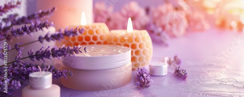 Hair conditioner with lavender sprigs, honeycomb, and small candles on a purple background with copy space. 4K hyperrealistic photo