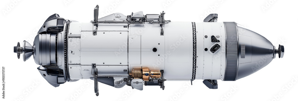 Detailed image of a spacecraft or satellite component with technical features. Detailed image of a spacecraft or satellite component with technical features.