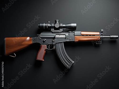 A Detailed View of a Polished Rifle With a Wooden Stock and Mounted Scope on a Dark Backdrop photo