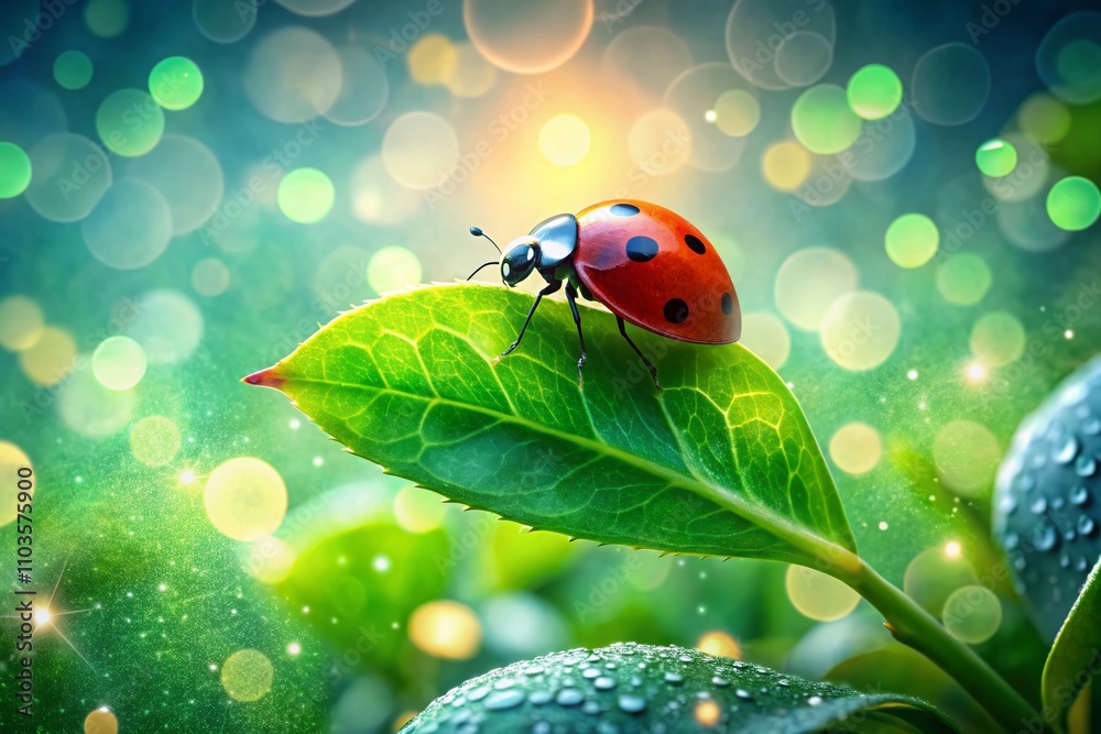 Enchanting Double Exposure of a Cute Ladybug Crawling on Lush Green Leaves with a Dreamy Abstract Background for Nature Lovers and Wildlife Enthusiasts Enchanting Double Exposure of a Cute Ladybug Crawling on Lush Green Leaves with a Dreamy Abstract Background for Nature Lovers and Wildlife Enthusiasts