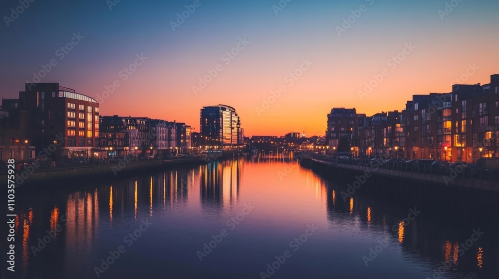 Serene cityscape at dusk with calm waters reflecting colorful skies Serene cityscape at dusk with calm waters reflecting colorful skies
