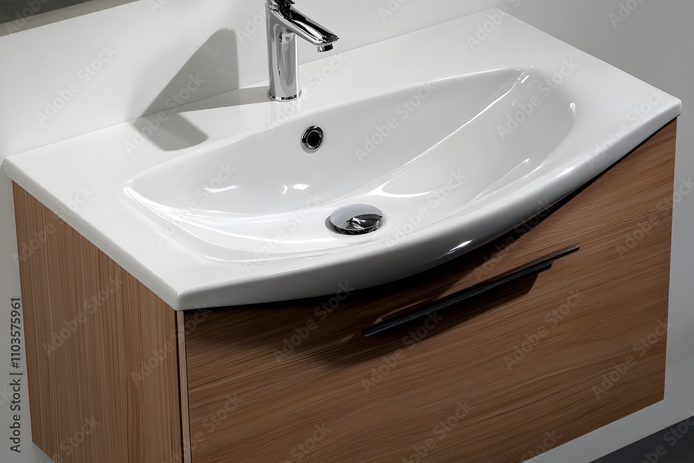 A modern bathroom sink with a sleek design and wooden cabinet. A modern bathroom sink with a sleek design and wooden cabinet.