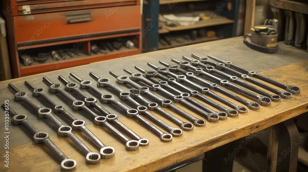 A mechanic wrench set displayed on a bench, with each tool organized by size and ready for use A mechanic wrench set displayed on a bench, with each tool organized by size and ready for use