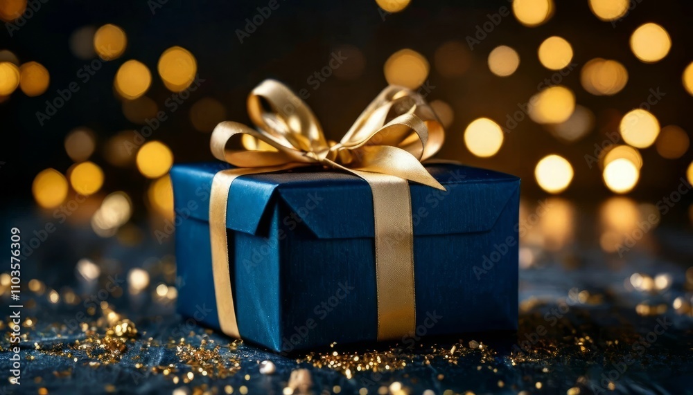 Elegant black gift box with a golden ribbon on a festive background with scattered golden stars and ribbons, perfect for luxury and celebration themes Elegant black gift box with a golden ribbon on a festive background with scattered golden stars and ribbons, perfect for luxury and celebration themes