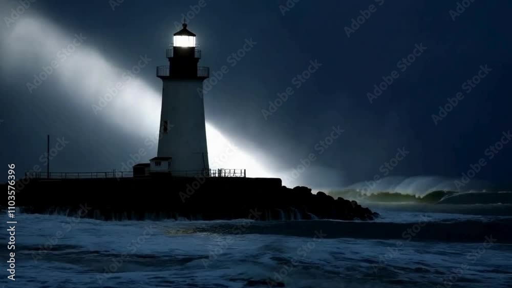 Lighthouse Shining its Beam During a Stormy Night at Sea Lighthouse Shining its Beam During a Stormy Night at Sea